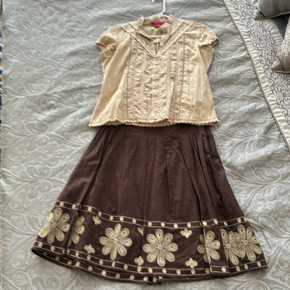 Brown and tan embroidered skirt set.